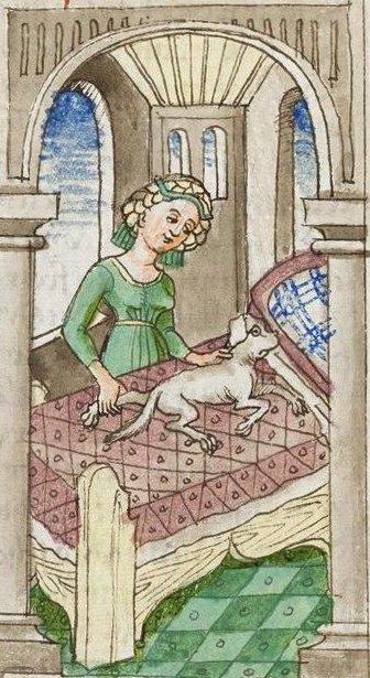 középkori hölgy kutyájával